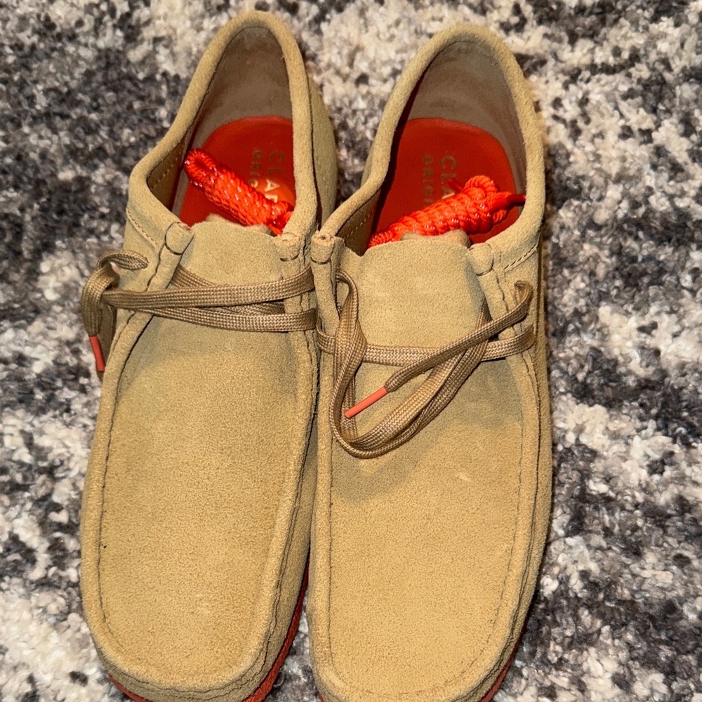 Clarks Men's Beige Suede Wallabee with Orange Accents